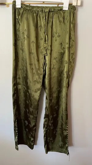 EARTHBOUND Olive Green Satin Joggers with Mushroom print Size Small thumbnail 1
