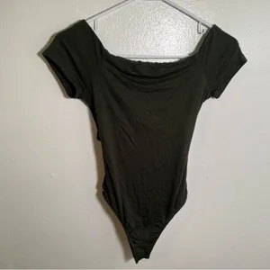 Lush Women's Size Small Off Shoulder Bodysuit Dark Green Open Cross Back Stretch thumbnail 2