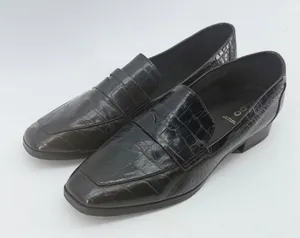 Aldo Black Croc Embossed Leather Penny Loafers Square Toe Flat Shoes Womens 8.5 thumbnail 1