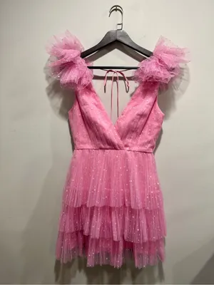 ML Monique Lhuillier Bubble Gum Pink Dotted Tulle Ruffle Mini Dress 2 thumbnail 2