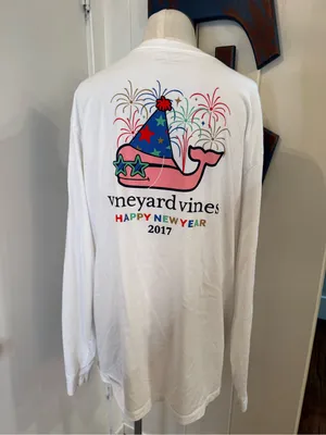 Vineyard Vines White Long Sleeve Pocket Tee with New Years 2017 Sz L thumbnail 3