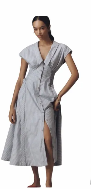 By Anthropologie Dress Women Small Blue White‎ Striped Pleated Midi Preppy Boho thumbnail 1