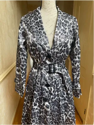 ABS Silver Label Black Grey Leopard Print Belted Trench Coat Jacket XS Statement thumbnail 3
