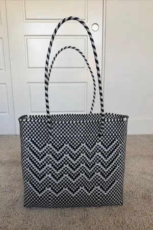 Handwoven Black and White Plastic Tote Bag - Checker Chevron Design thumbnail 1