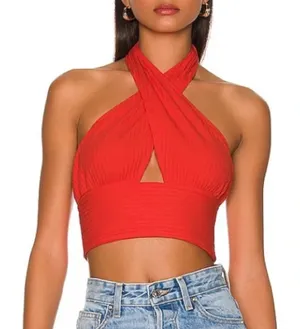 NWT Callahan Knitwear Mimi Ribbed Cropped Halter Tank Top in Red‎ thumbnail 1