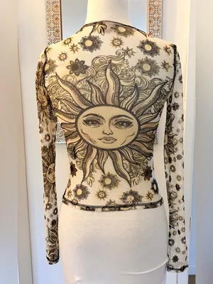 Urban Outfitters Vintage-Vibe Sun & Stars Print Mesh Long-Sleeve Crew Neck Top. thumbnail 2
