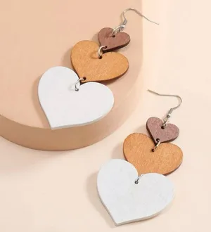 Pair of wooden earrings, dangle, heart, cute, layer, white, brown thumbnail 2