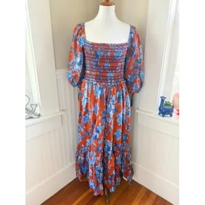 Cara Cara Jazzy Floral Smocked Maxi Dress Puff Sleeve Orange Blue Size Medium thumbnail 2