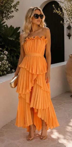 AMUR Orange Janey Tiered Ruffle Strapless Midi Pleated Fully Lined Dress size 6 thumbnail 1
