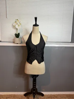 Julia by Love Black Halter Top Handkerchief Hem Y2K Clubwear Size L thumbnail 2