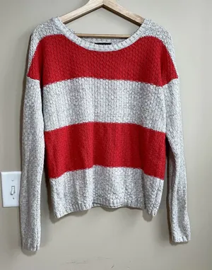 a new appaoach red cream striped knit crewneck sweater women's size PL acrylic‎ thumbnail 1