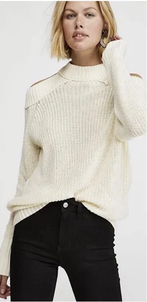 Free People‎ Sweater Womens Medium Ivory Boho Cold Shoulder Mock Neck OB994777 thumbnail 1