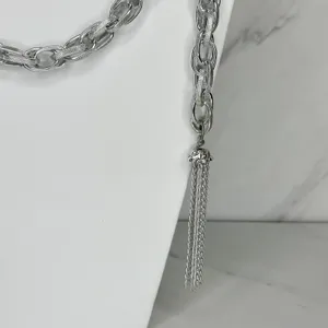 Textured Chain Link Tassel Open Wrap Necklace Silver Tone ✨ thumbnail 4
