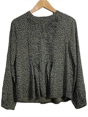 Ann Taylor Green & Black Printed Long Sleeve Blouse Size S Pleated Front thumbnail 6