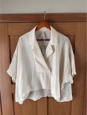 NWT Anthropologie Dylon Short-Sleeve Wide Placket Top Blouse Women’s Large P thumbnail 2