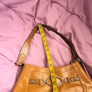 2000s Y2K Mcbling Preppy Romantic Grunge Whimsi Shoulder Hand Bag Purse Patent Leather Silver O-ring Yellowish Orange #subversive #coquette #fairy #streetwear #90s Measurement in pics Great condition thumbnail 5