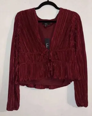 Lulus Luxe Designs Wine Red Plisse Satin Long Sleeve Tie-Front Top Sold Out thumbnail 1
