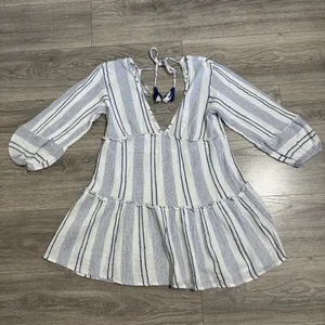 Blue Island‎ Women Boho Swim Cover Up Blue/White/Stripe Long Bell Sleeve Sz S thumbnail 9