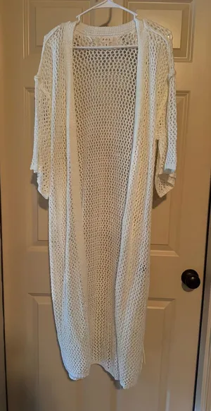 POL Open-Knit Cream Long Duster Cardigan thumbnail 1