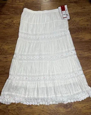White Tiered Maxi Skirt Smocked Waist Boho Fairy Whimsy size L 100% Cotton New thumbnail 1