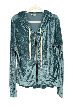 POL Crushed Velvet Zip-Up Hoodie Front Pockets Size Large Cozy Chic Loungewear thumbnail 1