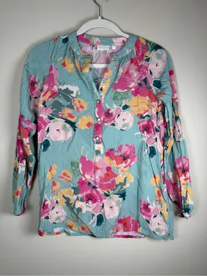Women's Floral V-Neck Blouse - Pink Floral on Light Blue Sz XS thumbnail 2