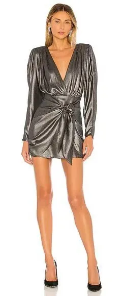 NWT L'Academie The Dore Mini Dress in Silver Size XS Metallic Long Sleeves thumbnail 1