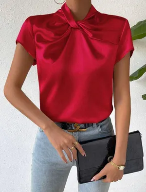 SheIn VCAY Red Twist Front Keyhole Back Satin Blouse thumbnail 1