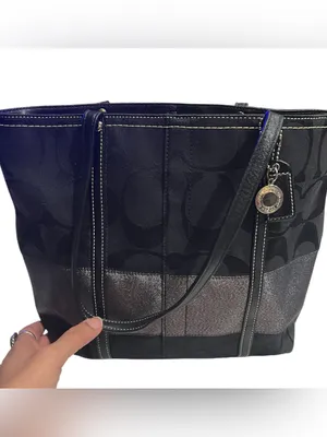 Coach Signature Stripe Tote Bag black jacquard fabric silver metallic stripe thumbnail 2