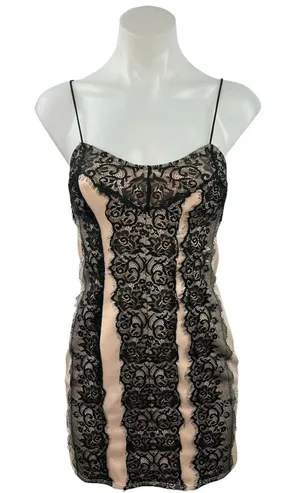 Lashez Black Floral Lace Overlay Spaghetti Strap Zipper Mini Bodycon Dress Sz 8 thumbnail 1