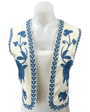 Women's White Blue Floral Embroidered Open Front Boho Crop Top Vest Coat Size L thumbnail 1