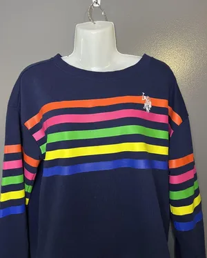 U.S. Polo Assn Sweatshirt Womens Medium Navy Rainbow Stripe Fleece Pullover thumbnail 1