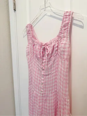 FRANKIE’S BIKINIS‎ Cristabelle Linen Maxi Dress Pink White Gingham Cottagecore thumbnail 4