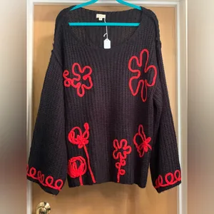 POL Black Boho Knit Sweater with Red Floral Accents. Size-Medium thumbnail 3