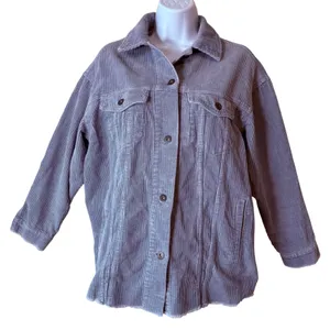 Zara Corduroy Trucker Jacket‎ Women XS Blue Button Front Raw Hem Pockets shacket thumbnail 1