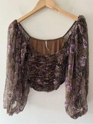 Free People Lilia Top‎ in Olive Combo Puff Sleeve thumbnail 2