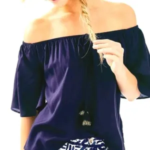 Lilly Pulitzer Sain Off-Shoulder Blouse Short‎ Bell Sleeve Tassel True Navy thumbnail 6
