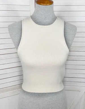 Pretty‎ Little Thing Ribbed Knit Racer Back Crop Tank Top Cream Medium thumbnail 1