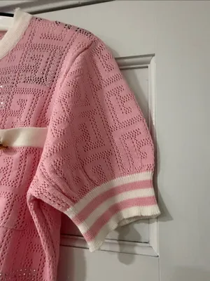 Women’s Pink Short-Sleeve Knit Cardigan with White Trim Gold Buttons thumbnail 4