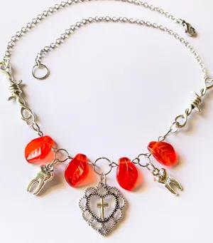goth punk grunge style heart cross & teeth& red Czech glass leaf necklace💀🌹✝️🦷 thumbnail 1