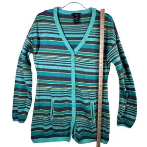 Oakley Y2K Stripe Cardigan Aqua Gray‎ Indie Grunge Soft Girl Sweater Mallcore S thumbnail 6