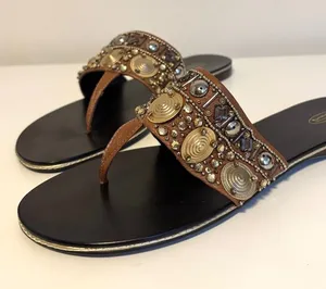 Talbots Beaded Embellished Jewel Flat Thong Sandals Brown Gold Silver Womens 9 thumbnail 1