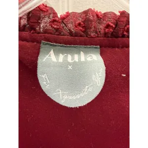 Arula Burgundy Swiss Dot Mini Dress Women L Wine V-Neck Balloon Sleeve Ruffle thumbnail 4