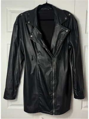 PrettyLittleThing Black Faux Leather Long Moto Jacket Padded Shoulders 12 Large thumbnail 3