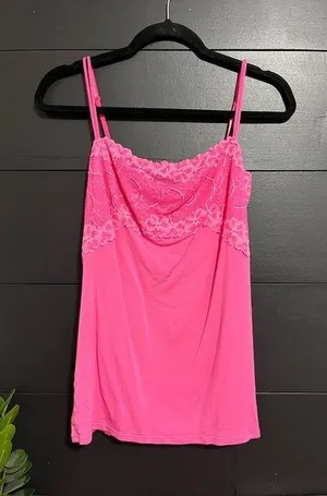 Y2K Hot Pink Slip Cami Tank Top Lace Adjustable Straps Women’s Sz L Vintage EUC thumbnail 1