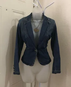 St. John Collection Y2K Dark Navy denim jean blazer jacket one button pockets long sleeve #preppy #grunge #goth dark academia #steampunk office siren core #2000s Size S-Measurement in pics thumbnail 3