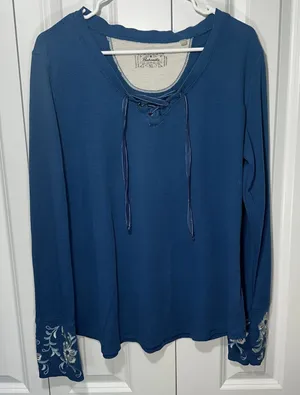 Y2K Panhandle Waffle Knit Thermal Top Womens XL Blue Lace Up‎ Floral Embroidered thumbnail 1