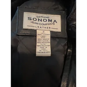 Sonoma women Black Genuine Leather Hooded Jacket Parka Coat Small fur lined hood thumbnail 4