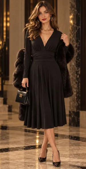 Max and Cleo Fit Flare Dress Sz M Mob Wife Glam Cocktail Plunge Neck Sexy Black thumbnail 1