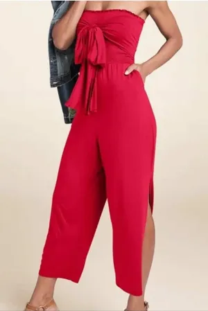 Venus Red Strapless Smocked Tie Front Wide Leg Jumpsuit Small Pockets Soft thumbnail 1
